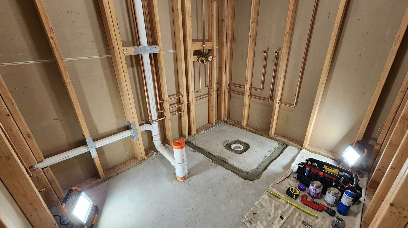 Bathroom rough-in plumbing during remodel by Johns Plumbing LLC in Dracut