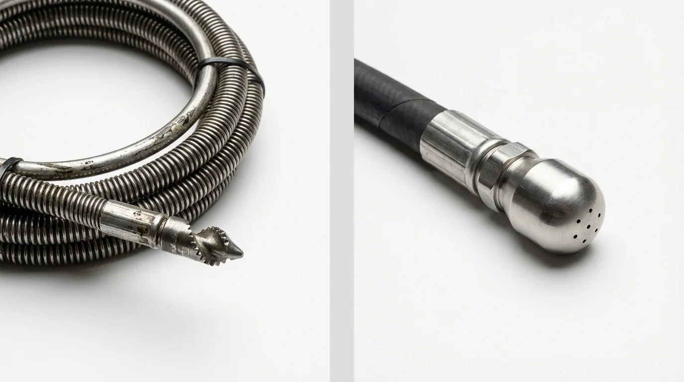 Drain snake cable and hydro jetting nozzle used for drain cleaning in Dracut, MA