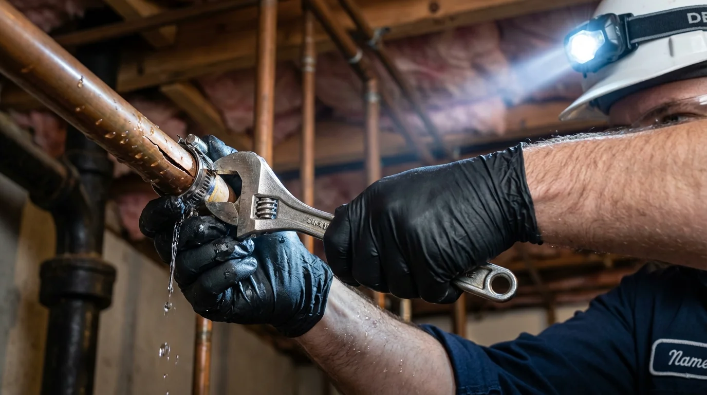 Emergency pipe clamp repair being performed by a Johns Plumbing LLC plumber in Dracut