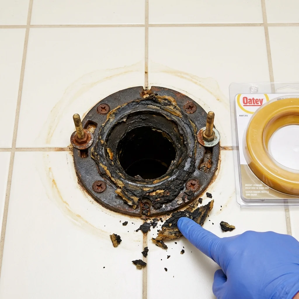 Failed wax ring showing water seepage at the base of a toilet in a Dracut, MA home