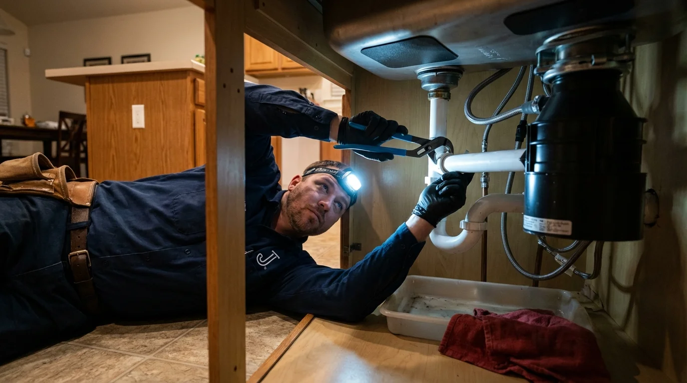 P-trap and supply line connections under a kitchen sink showing a common leak point in Dracut, MA